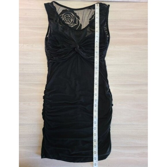 Papaya Black Rose Mesh Dress Sleeveless Ruched Bodycon Floral Sheer Panel - Picture 8 of 8